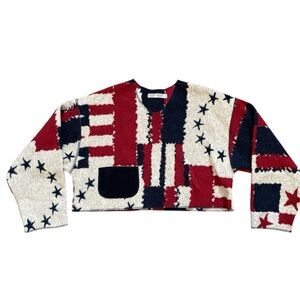 Patriotic Patchwork Sweater - Red, White, and Blue Cameleon One Size Cropped